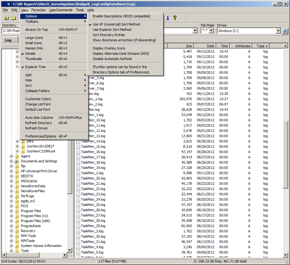 V screen capture showing XP Numerical Sort failing when file name is secondary key.